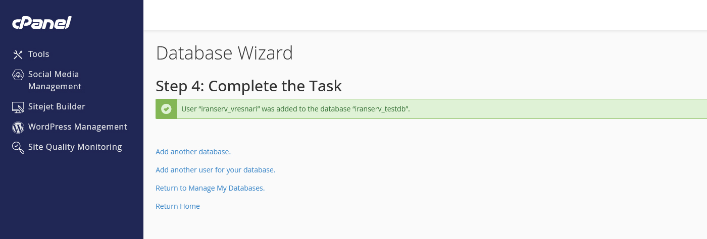 پیام موفقیت در ساخت دیتابیس