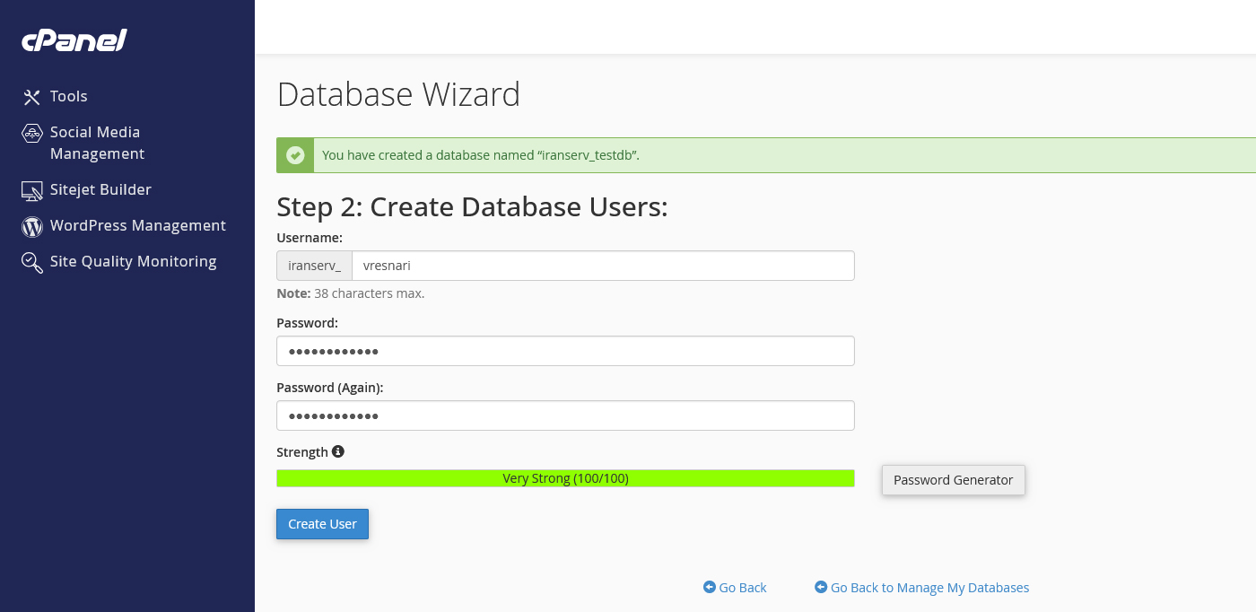 ایجاد کاربر برای دیتابیس