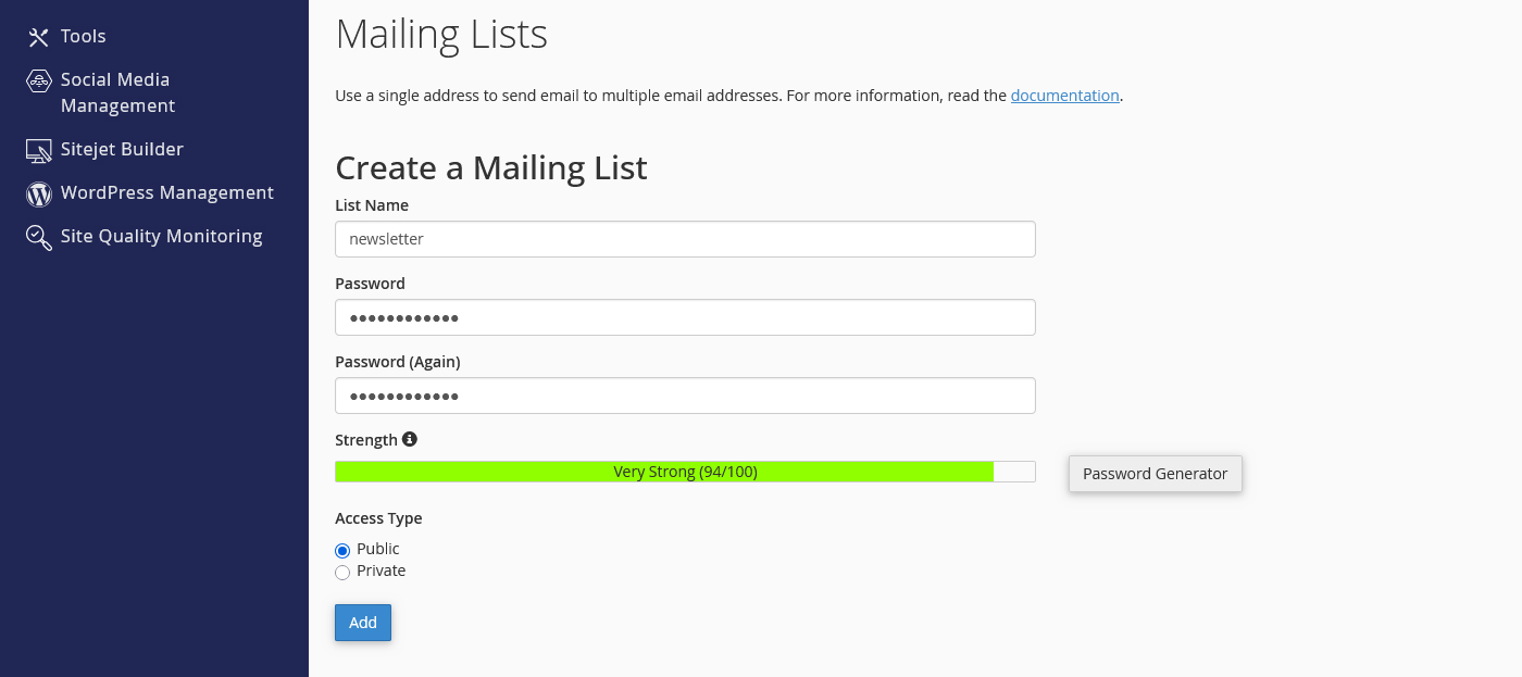 فرم ایجاد Mailing List