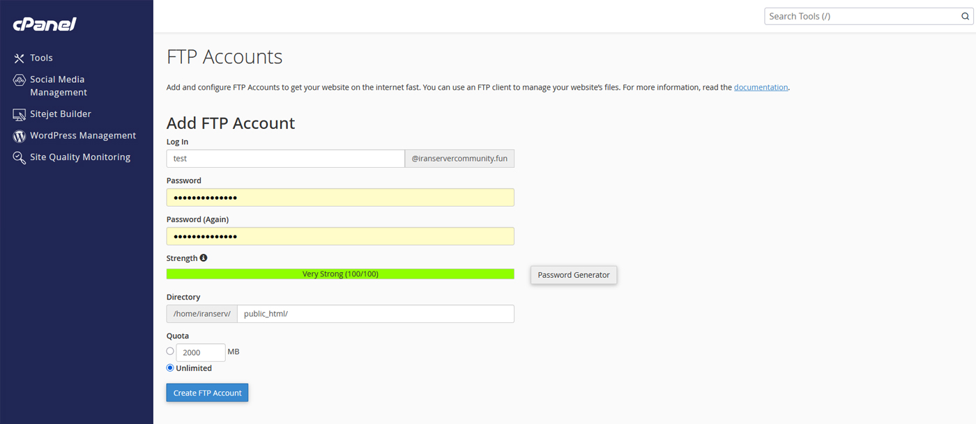 فرم ایجاد اکانت FTP