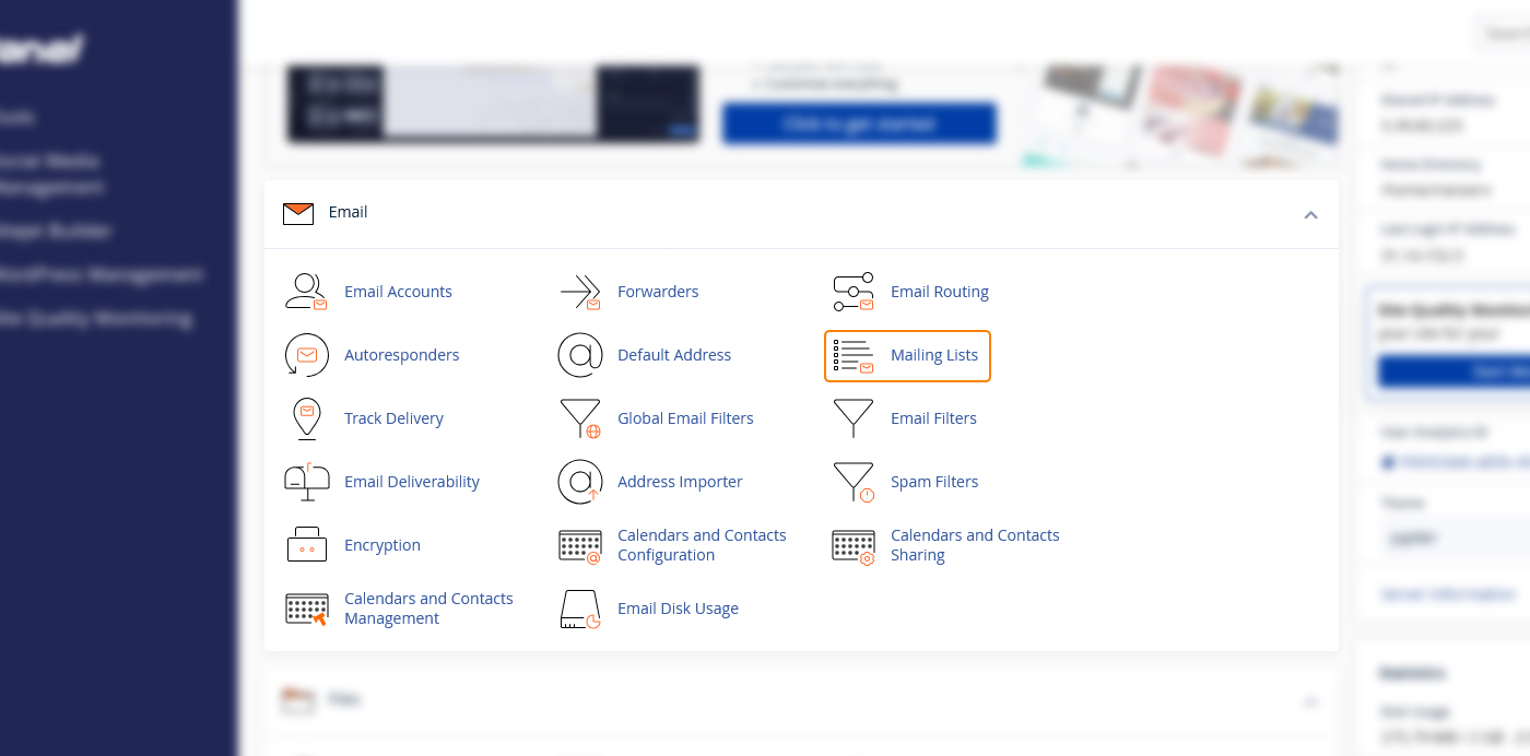 نمای بخش Email و گزینه Mailing Lists