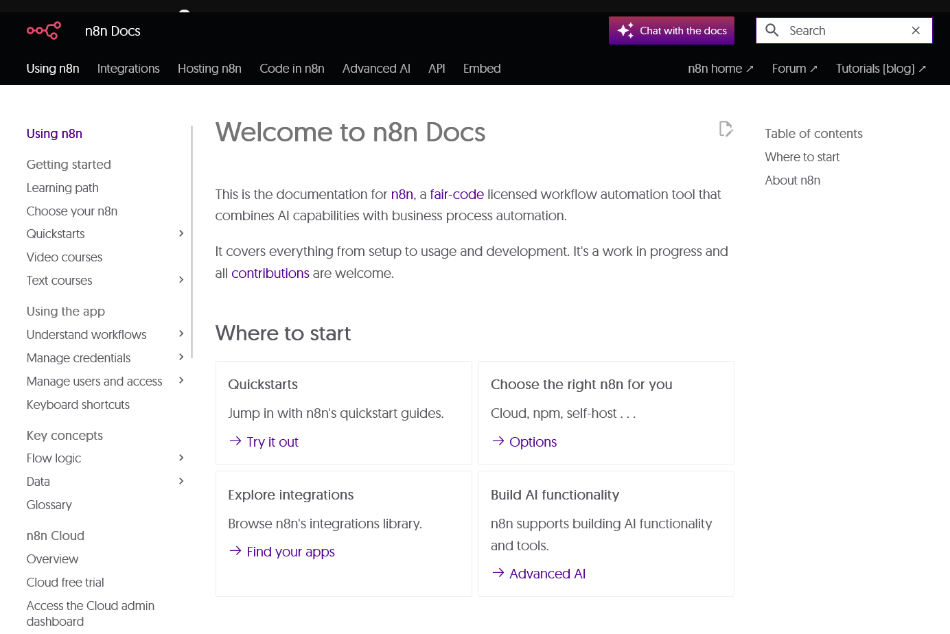 نمای مستندات رسمی n8n