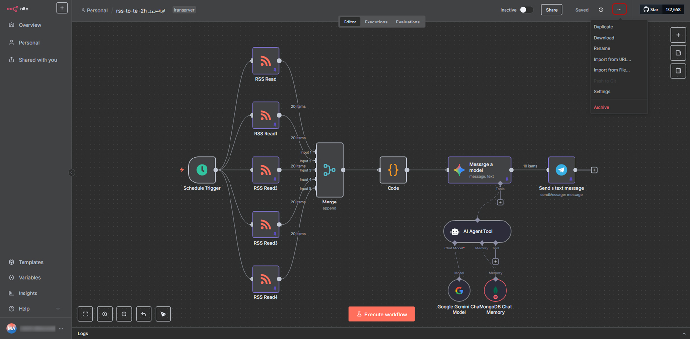 نمای منوی Workflows