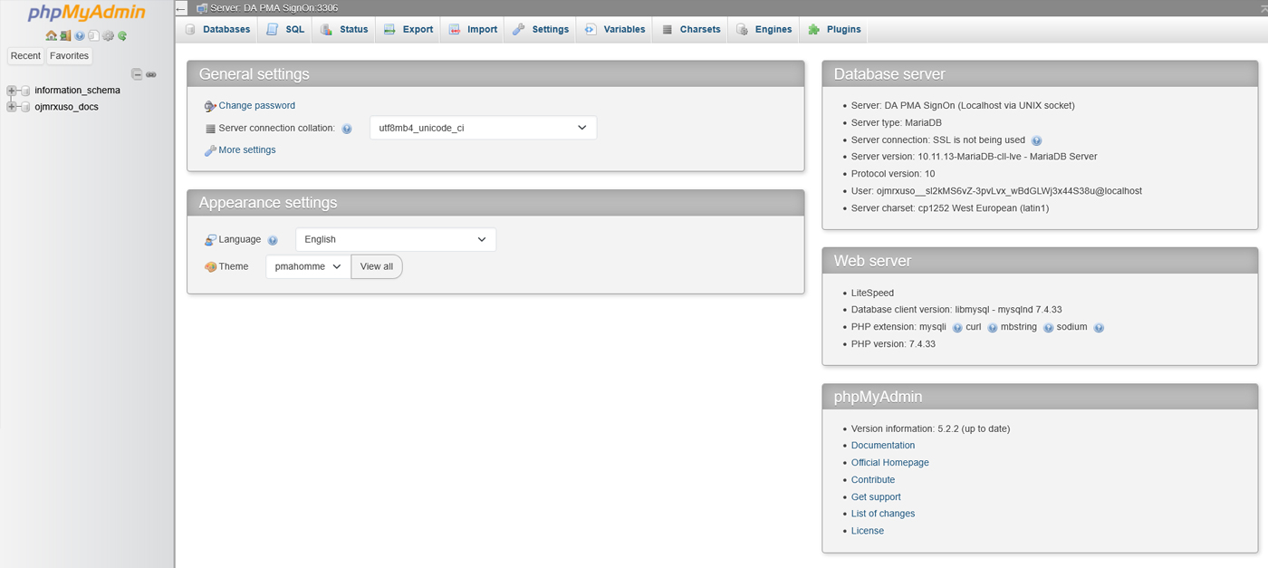 نمای محیط phpMyAdmin