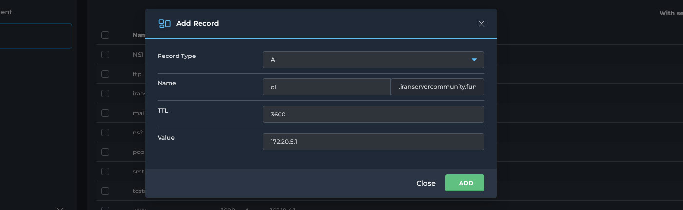 افزودن A رکورد برای هاست دانلود