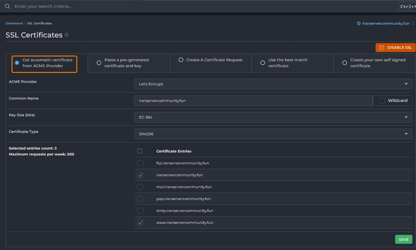 انتخاب گزینه Get automatic certificate from ACME Provider