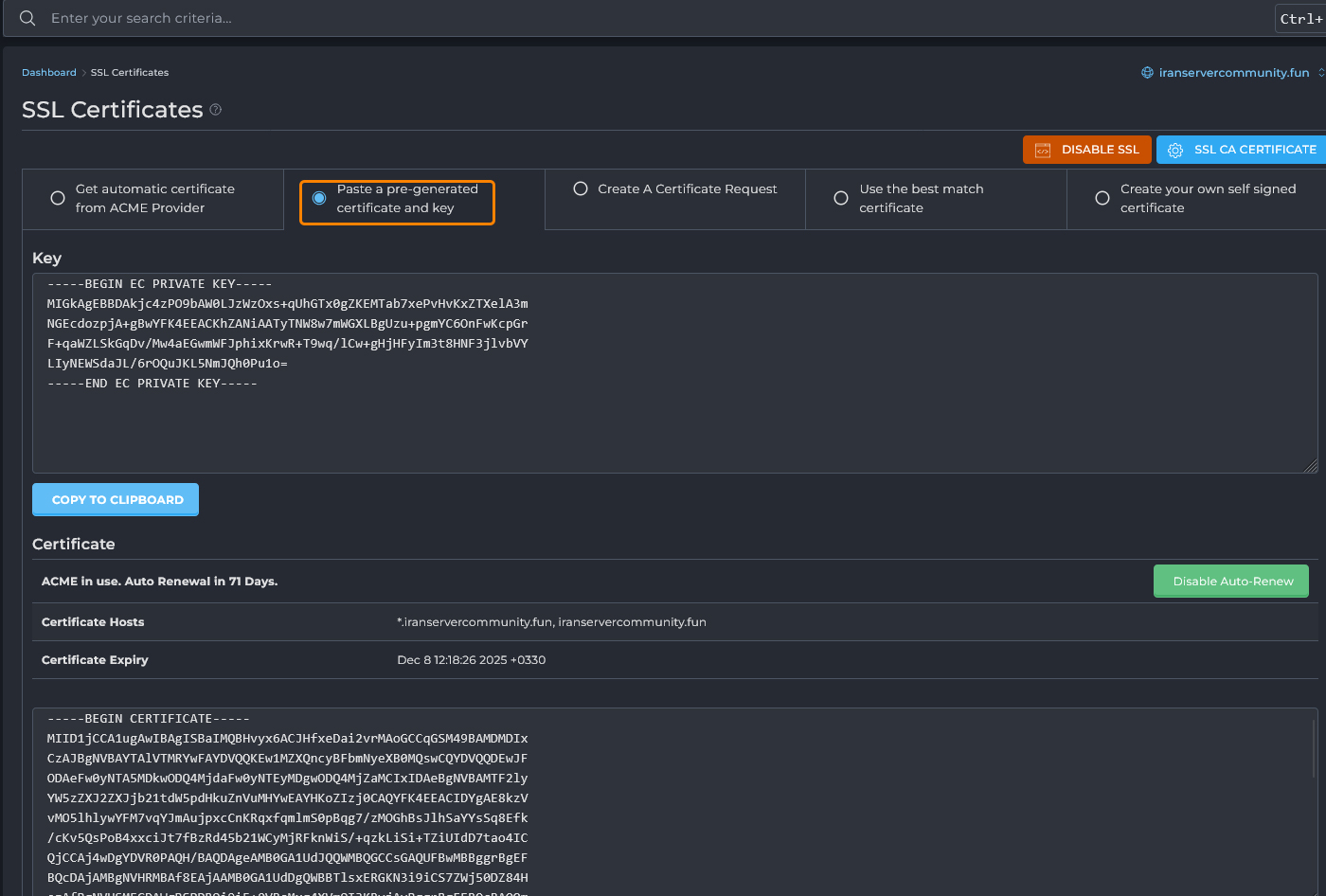 انتخاب گزینه Paste a pre-generated certificate and key