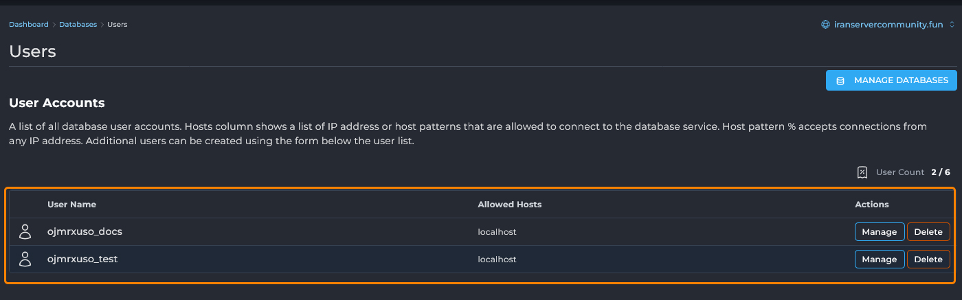 بخش مدیریت دسترسی کاربران دیتابیس