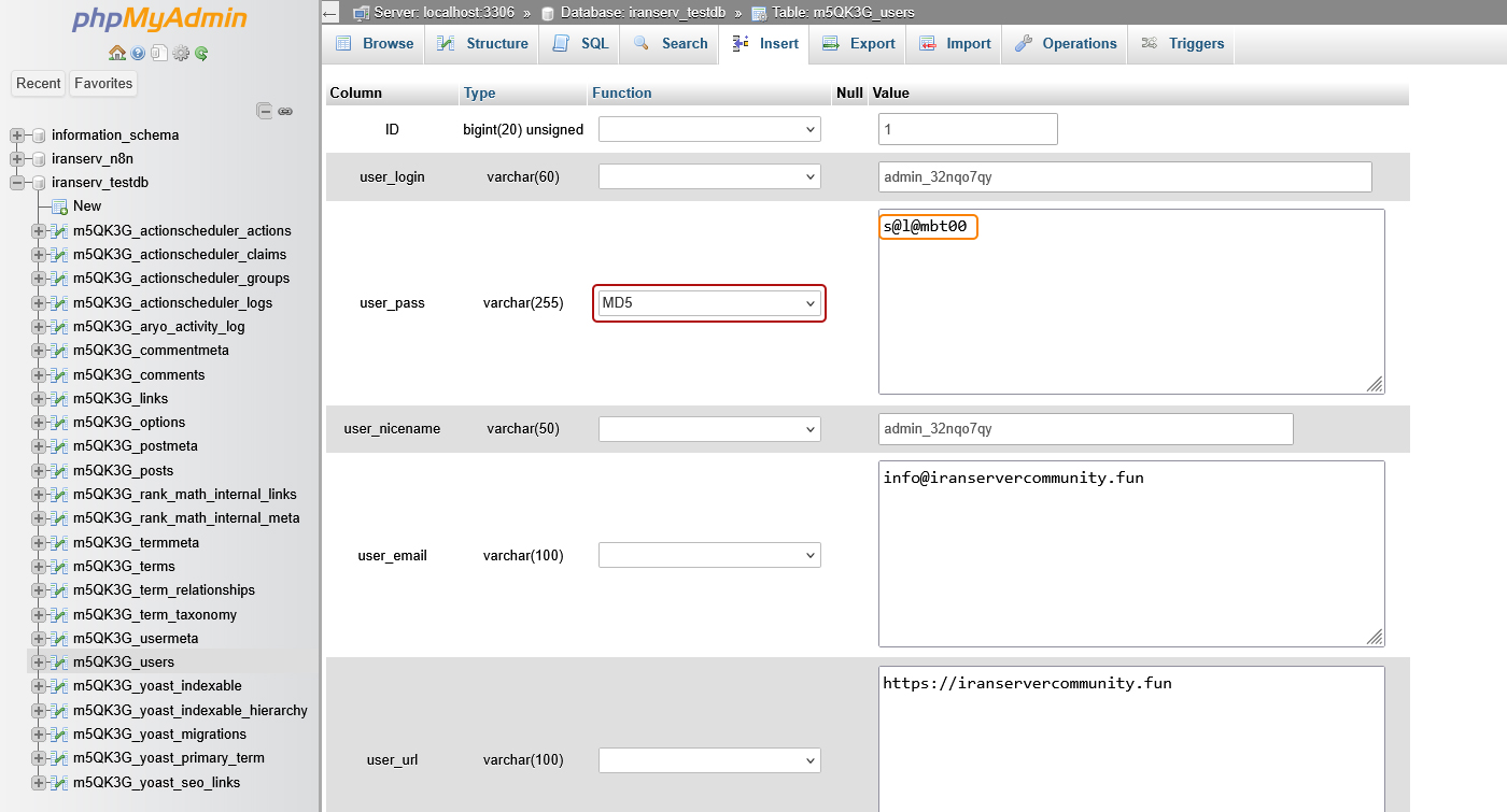 تغییر فیلد user_pass و انتخاب MD5
