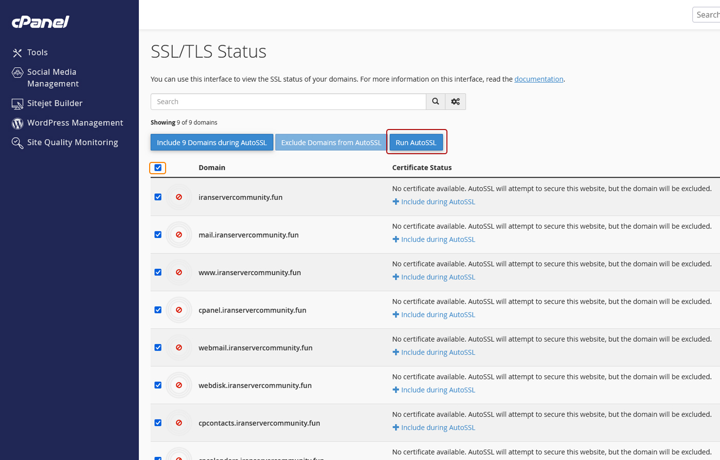 دکمه Run AutoSSL