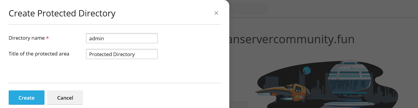 فرم ایجاد Protected Directory با فیلدهای Directory name و Title