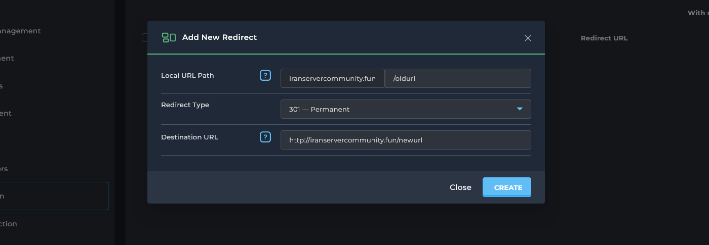 فرم ایجاد ریدایرکت جدید