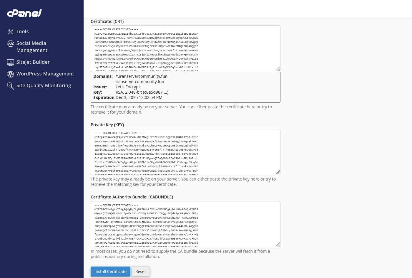 فرم وارد کردن گواهی SSL