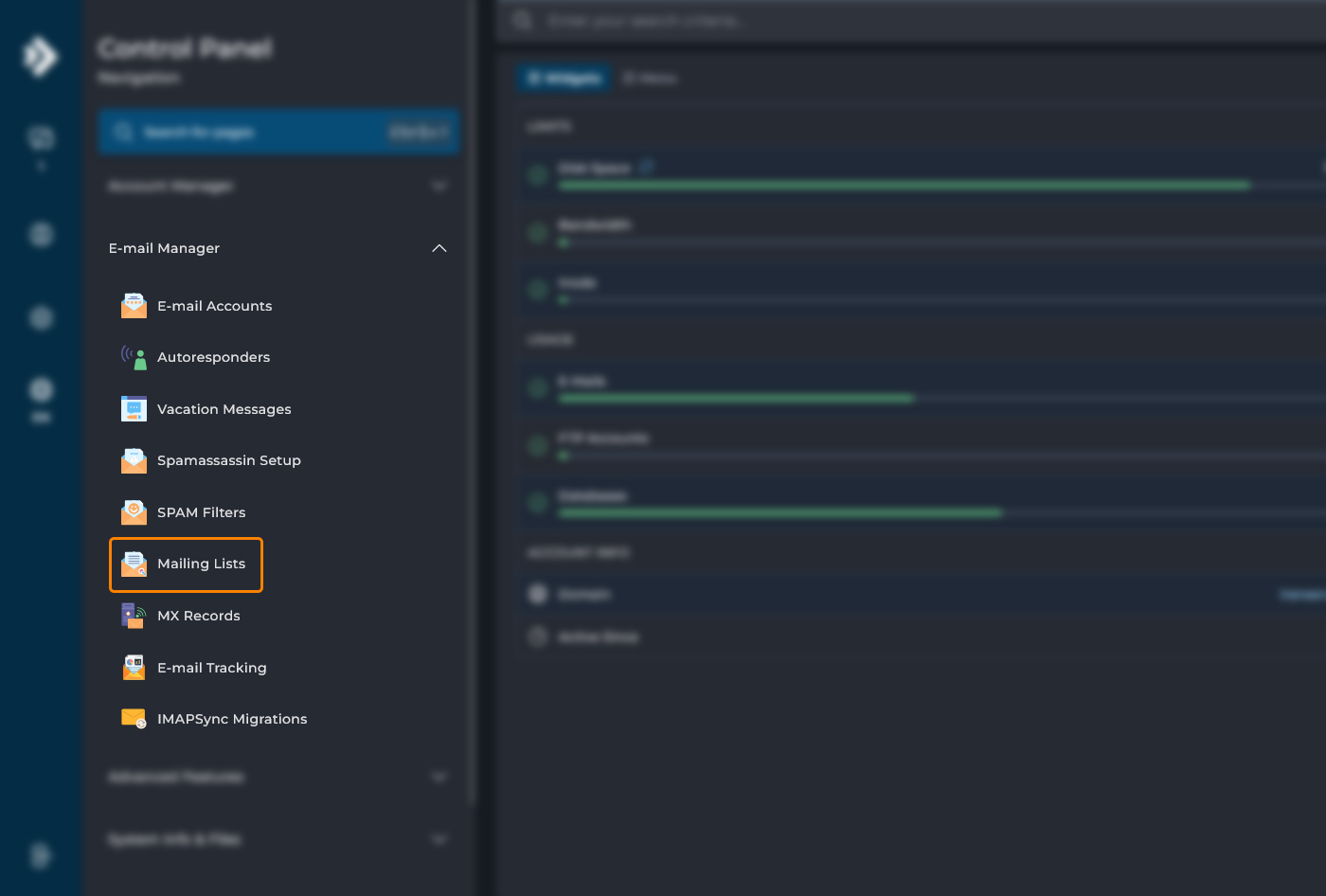 مسیر دسترسی به Mailing Lists در منوی دایرکت ادمین