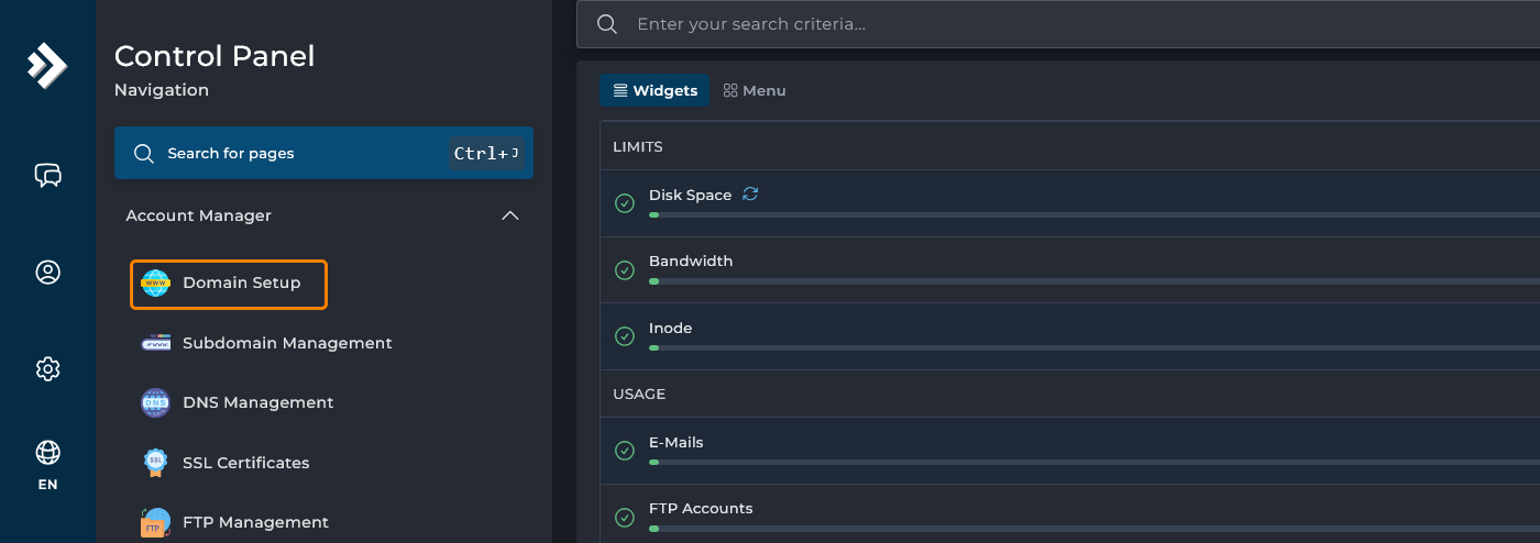 نمای Domain Setup