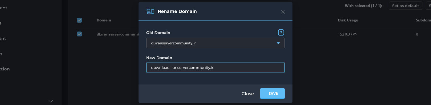 نمای Rename Domain
