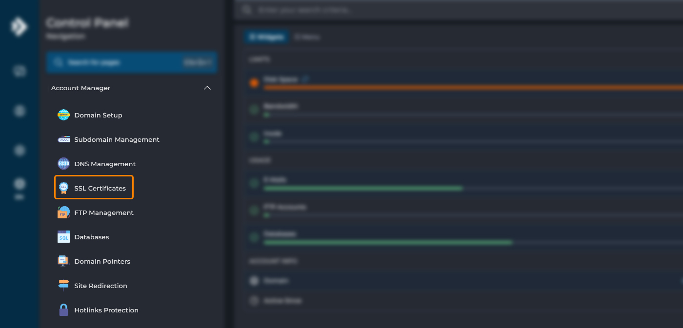 نمای باز شدن بخش SSL Certificates