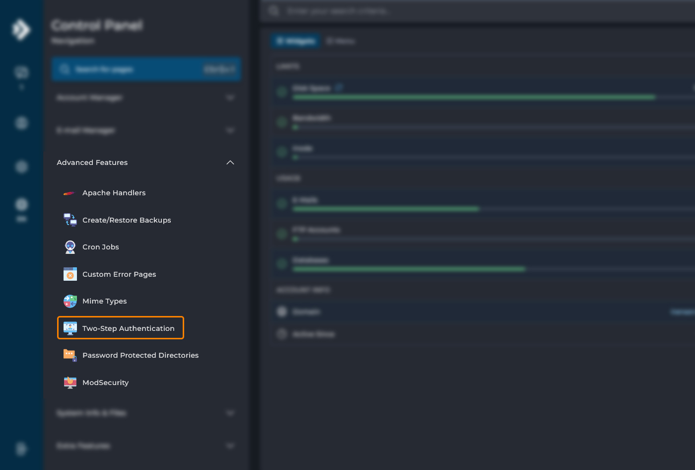 نمای منوی Advanced Features و گزینه Two-Step Authentication