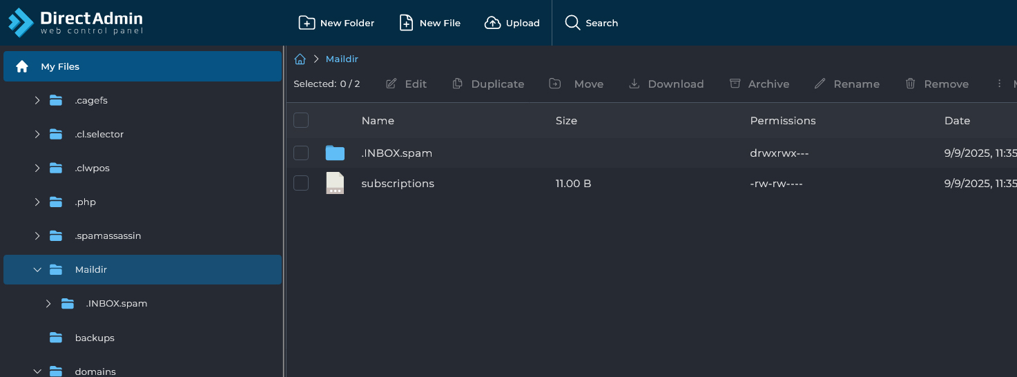 نمای پوشه mail