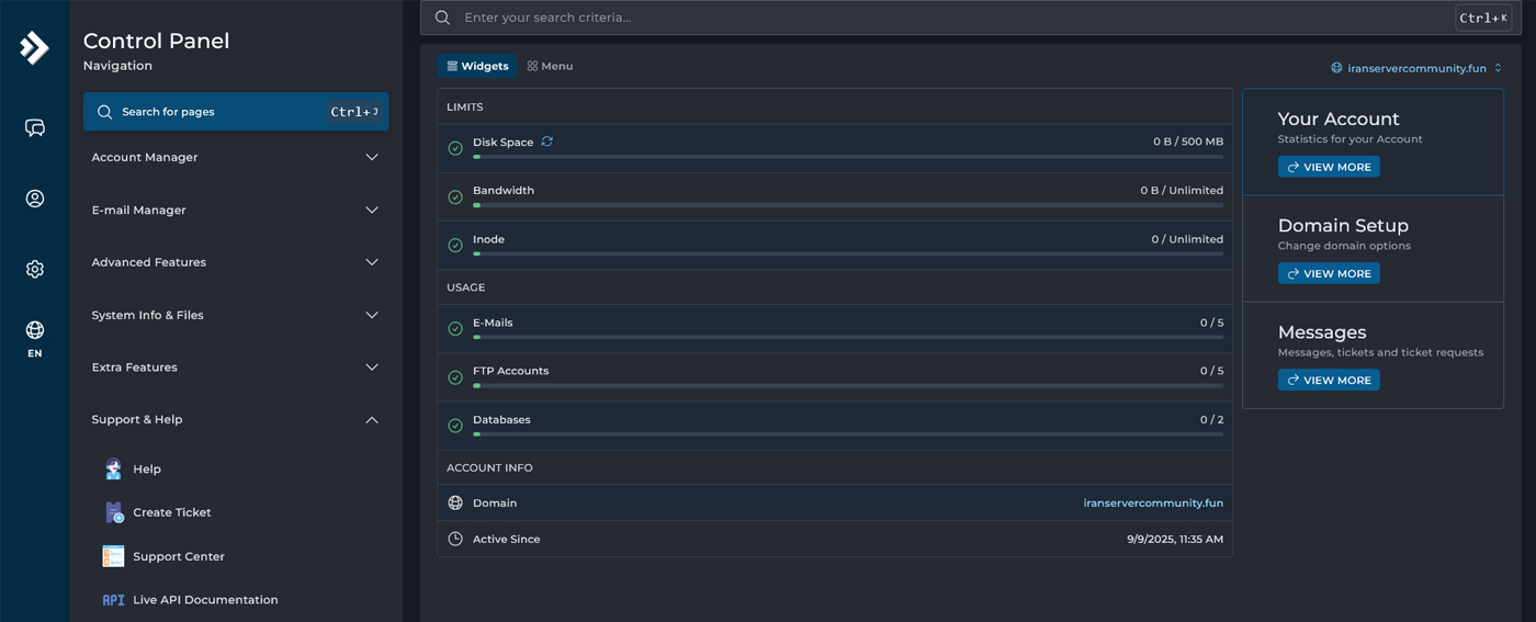 نمای کلی داشبورد DirectAdmin