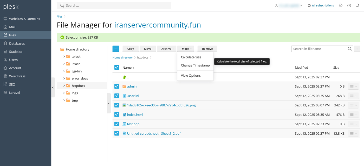 نمای گزینه Directory Size در File Manager