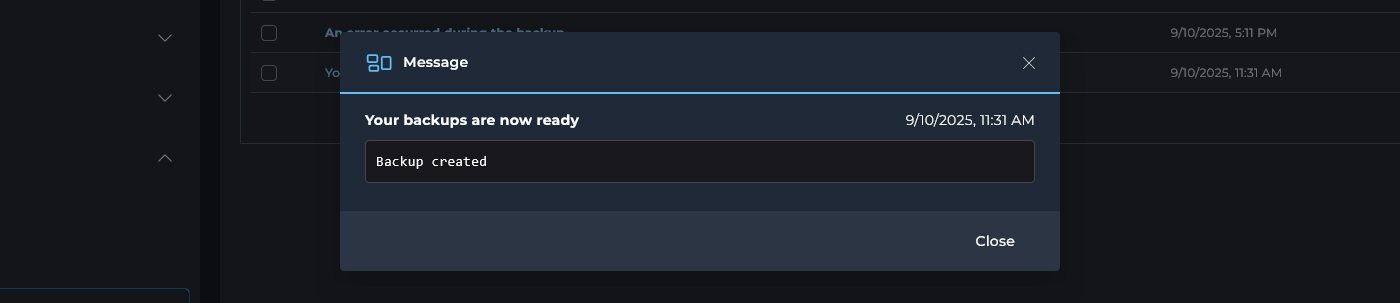 پیام بک اپ موفق