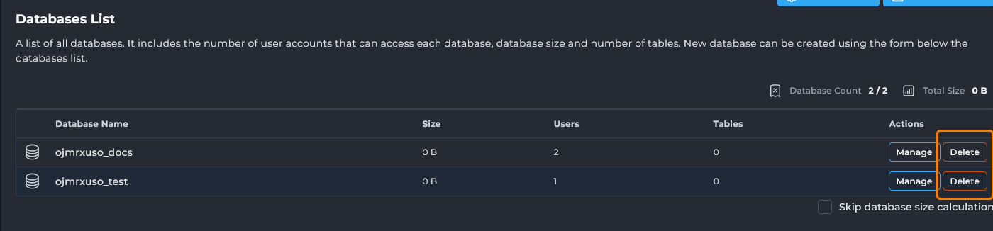 گزینه حذف دیتابیس در دایرکت ادمین