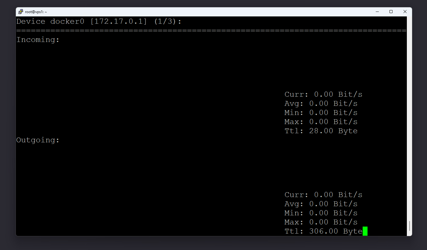 (نمای اجرای nload و نمودارهای ترافیک ورودی و خروجی