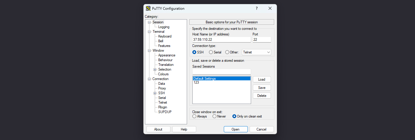 نمای تنظیمات اتصال در PuTTY