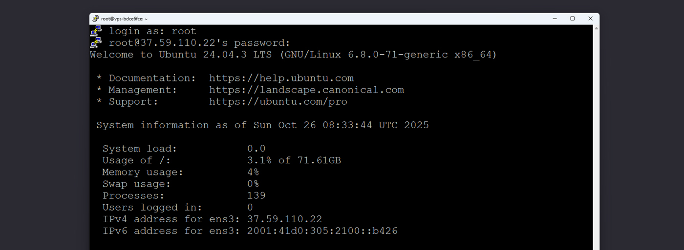 نمای تنظیمات اتصال در PuTTY