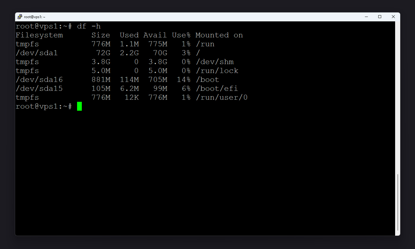 نمای خروجی df -h و بررسی فضای خالی