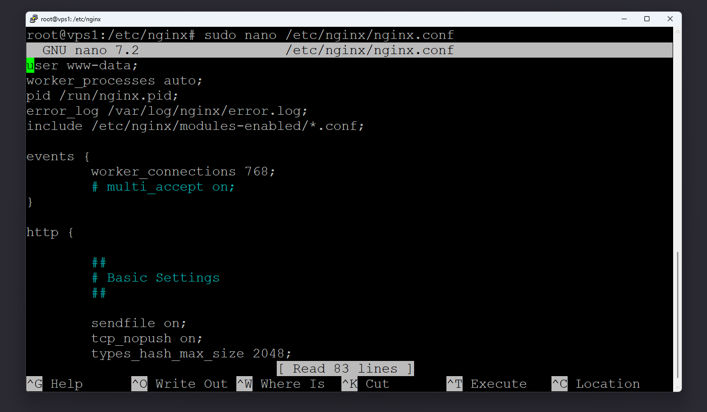نمای فایل nginx.conf در ویرایشگر nano