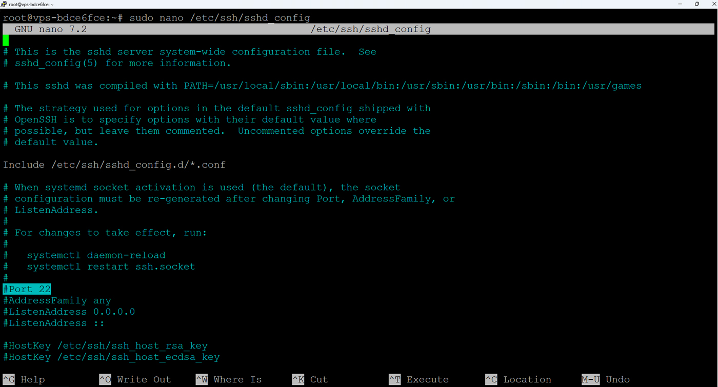 نمای فایل sshd_config در ویرایشگر nano