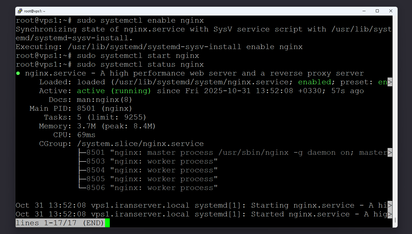 وضعیت فعال بودن Nginx در systemctl