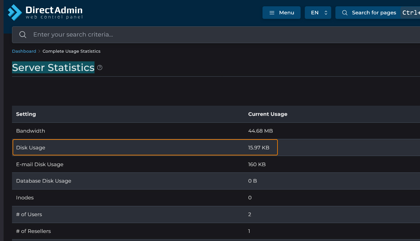 نمای بخش Disk Usage در دایرکتادمین