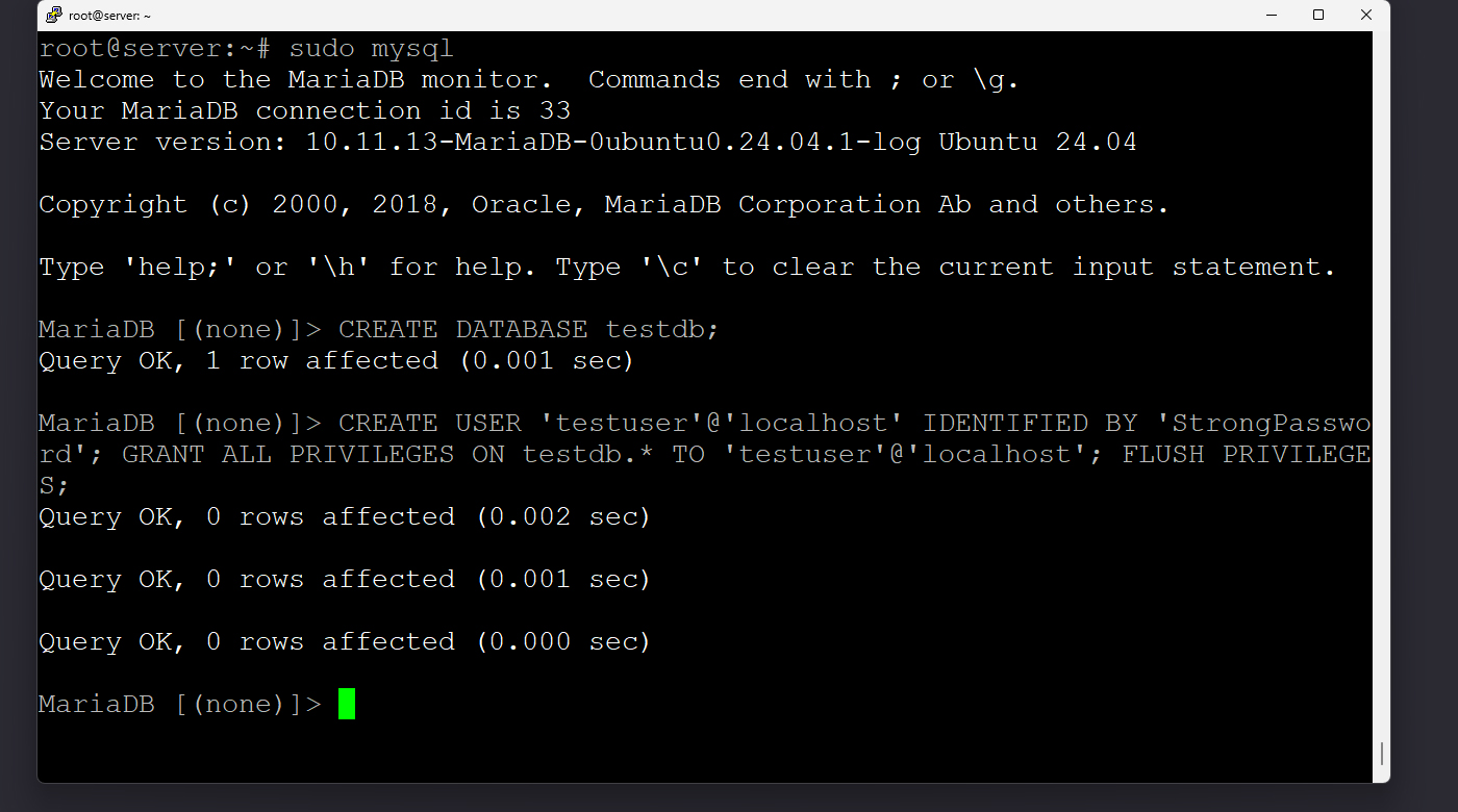 ایجاد دیتابیس و کاربر