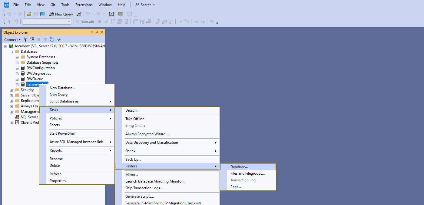 نمای منوی Restore در SSMS