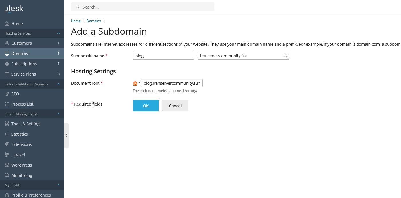 فرم افزودن Subdomain