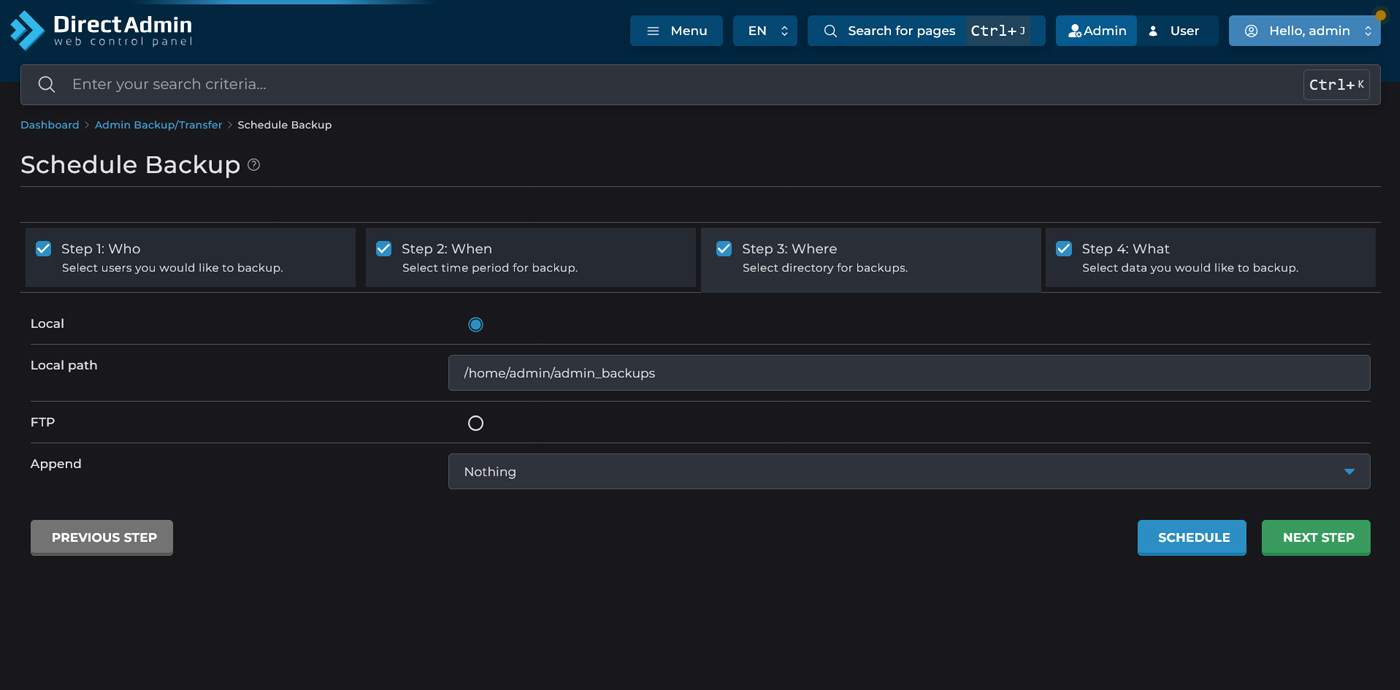 نمای فیلد Local path با مقدار /home/admin/admin_backups