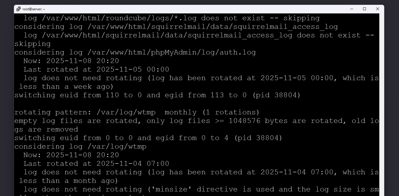 نمای اجرای logrotate در ترمینال