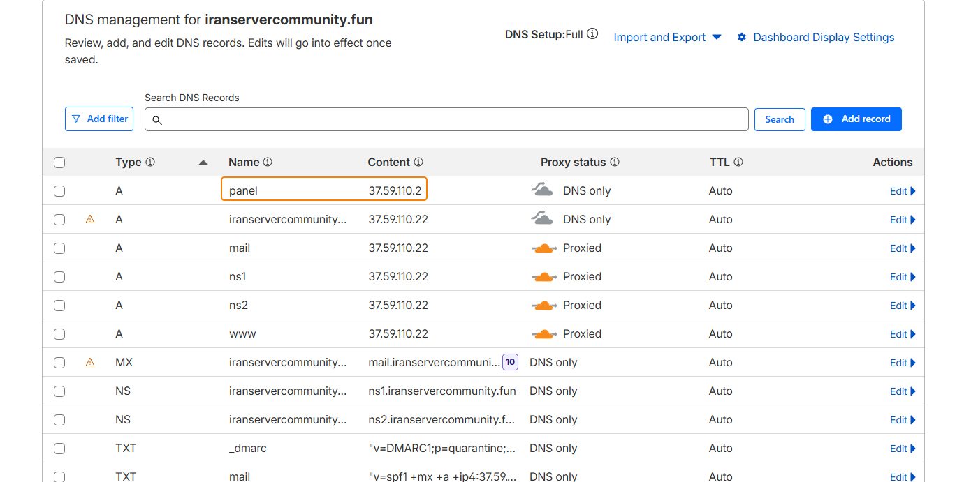 نمای ایجاد رکورد A در پنل DNS