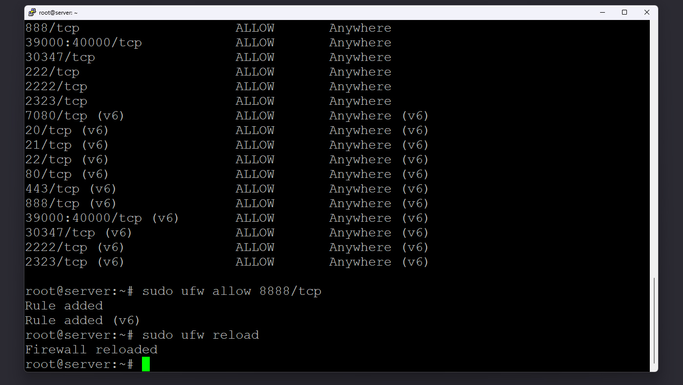 نمای بررسی و باز کردن پورت ۸۸۸۸ در ترمینال
