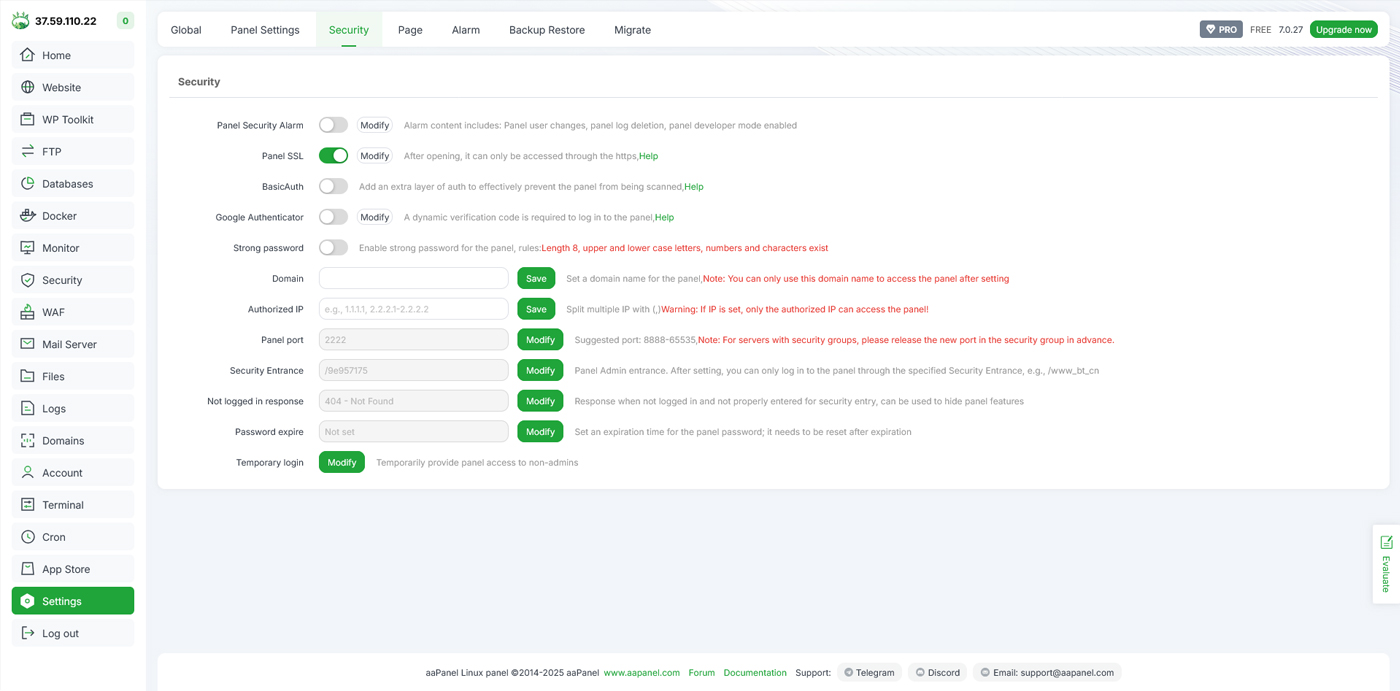 نمای تنظیمات عمومی پنل aaPanel و بخش Panel SSL