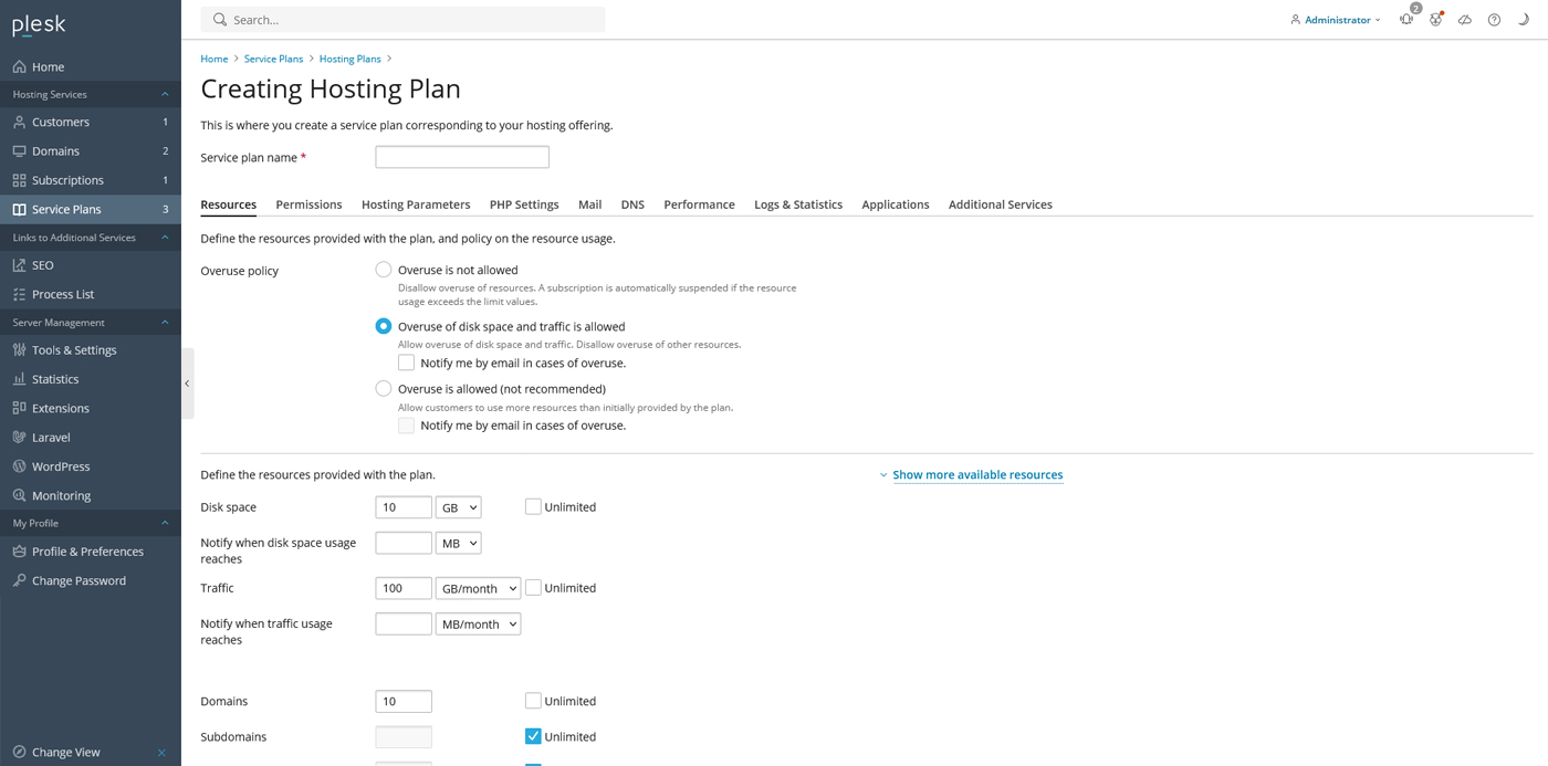 ایجاد یا ویرایش یک Service Plan