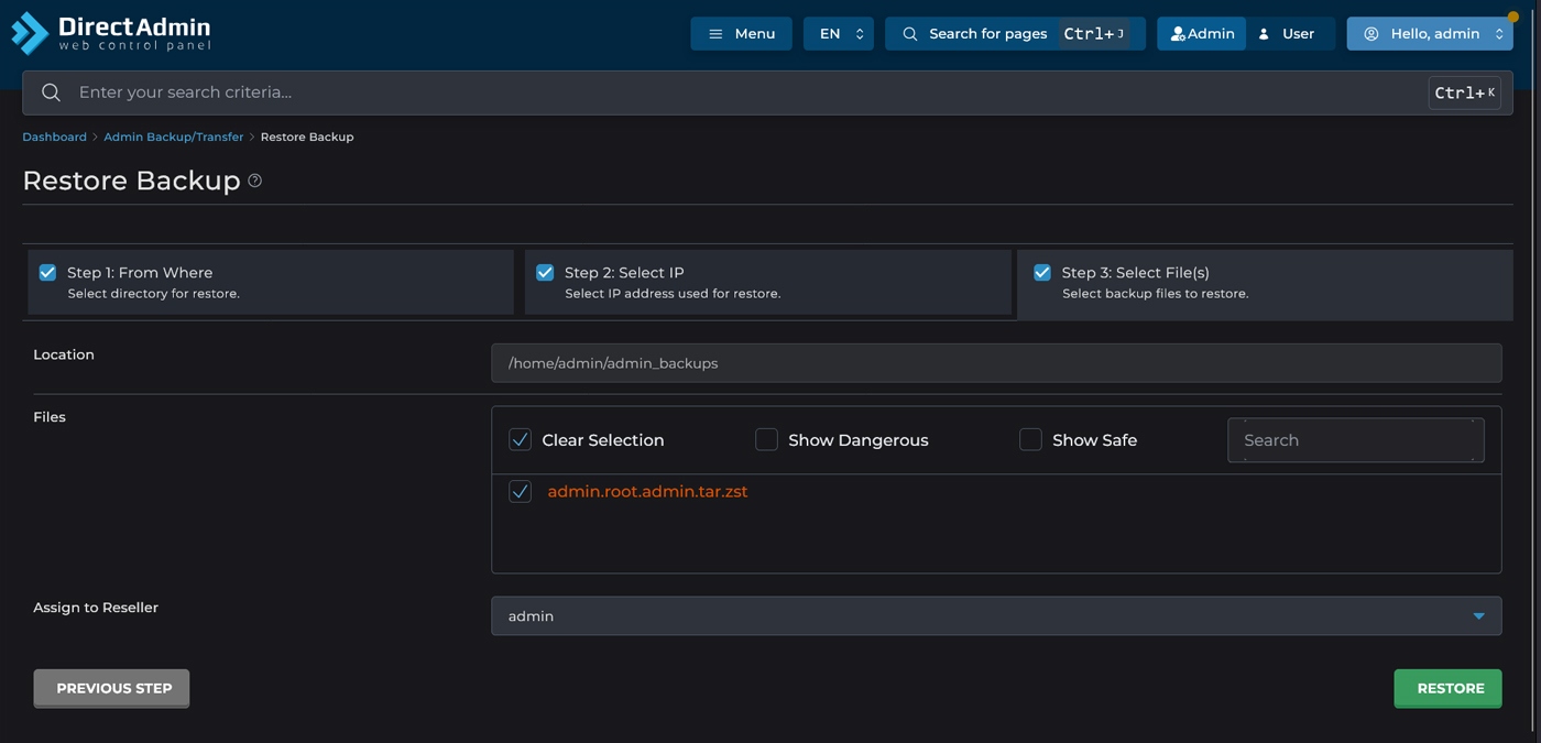 نمای صفحه RESTORE