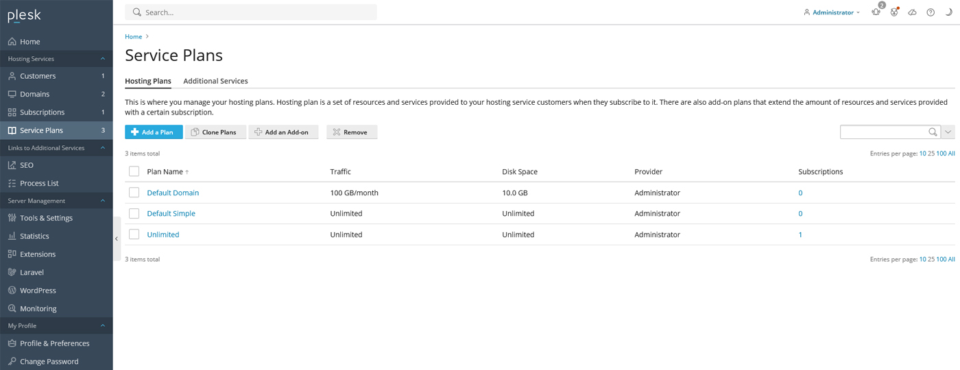 نمای صفحه Service Plans
