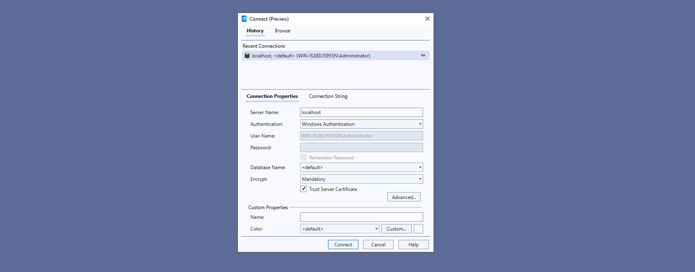 نمای صفحه اتصال به SSMS