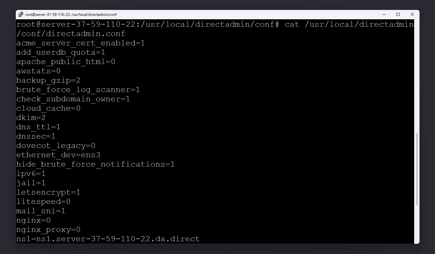 نمای فایل directadmin.conf در ترمینال