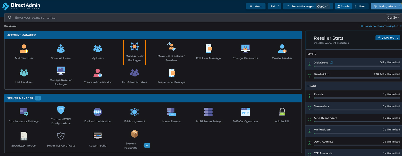 نمای منوی Account Manager و گزینه Manage User Packages
