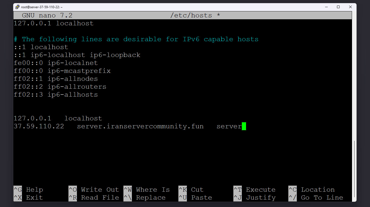نمای ویرایش فایل hosts